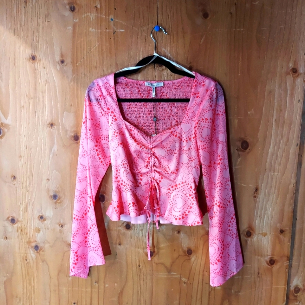 BCBGeneration Pink & Red Heart Patterned Ruched Top